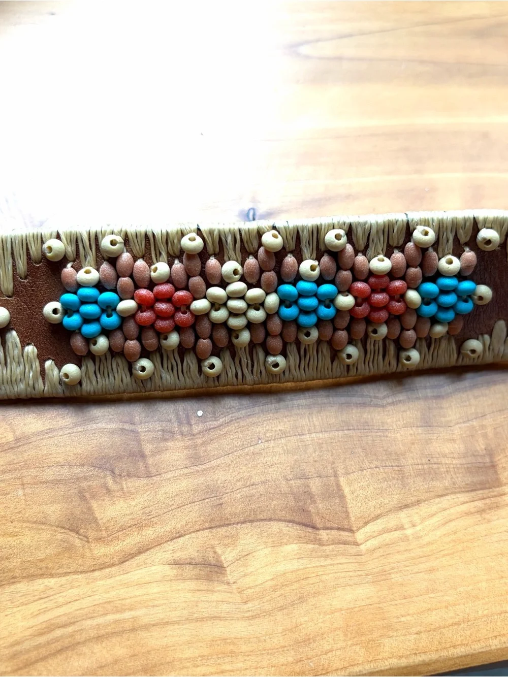 Handcrafted Brown Leather Belt with Turquoise & Coral Bead Accent